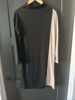 Colorblock Long Sleeve Midi Dress - Black & Cream